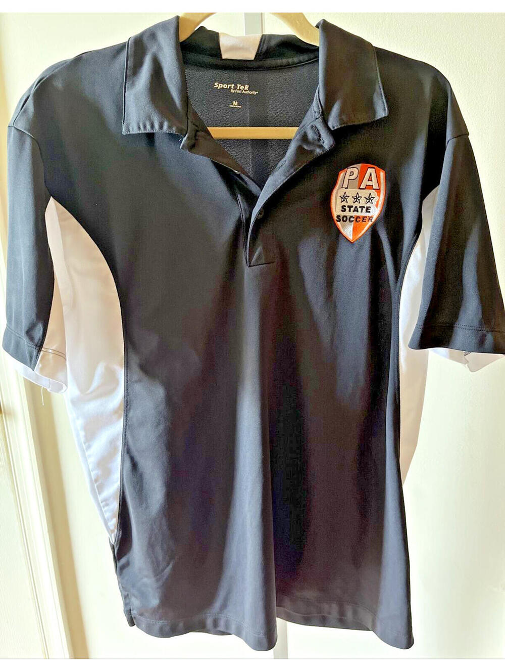 PA Pennsylvania State Soccer Patch Polo Sport Tek Polyester Black & White MED